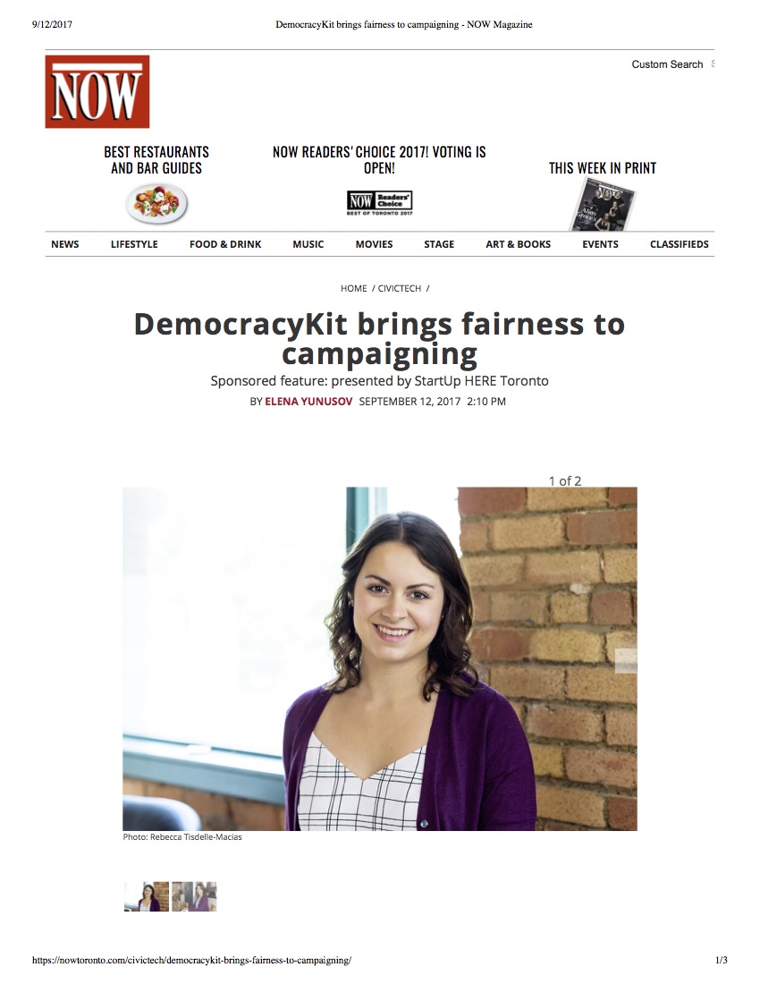 DemocracyKit brings fairness to campaigning - NOW Magazine (in partnership with StartUp HERE Toronto)